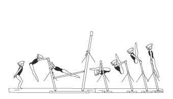 Glide on LB (or swing fwd on HB) and stoop through to rear support (back kip); or straddle cut bwd to hang on same bar 