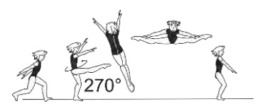 Leap fwd, through tour jetÃ©
technique, with Â¾ turn (270Â°) into
straddle pike position with
additional Â¼ turn (90Â°), landing on
one or both feet