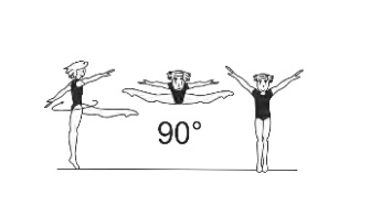 Leap fwd with Â¼ turn (90Â°) into
straddle pike position (both legs
above horizontal) or side split to
land on one or both feet