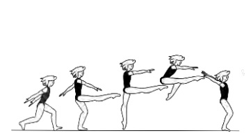 Stride leap fwd with change of
legs to wolf position 