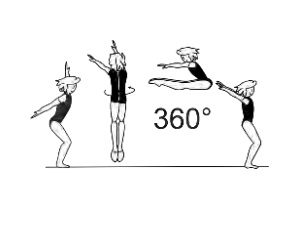 Pike jump (hip < 90Â°) with 1/1 turn
(360Â°), also landing in front lying
support
 (Moerz)