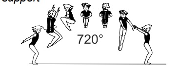 Tuck hop or jump with 2/1 turn
(720Â°) also landing in front lying
support