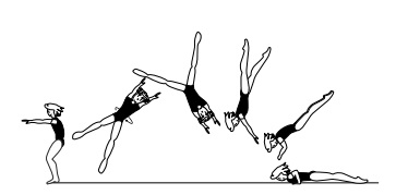 Arabian (bwd take-off) with Â¼
twist (90Â°) â€“ free (aerial)
cartwheel â€“ continuing with Â¼
twist (90Â°)
to front lying support 