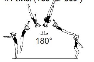 Salto bwd stretched with Â½, or
salto bwd tucked or stretched with
1/1 twist (180Â° or 360Â°