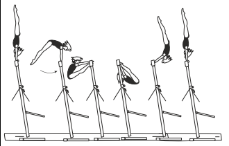 Pike sole circle bwd to hstd, also
with hop-grip change to reverse
grip in hstd phase, also with Â½ turn
(180Â°)