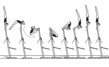 Pike sole circle bwd to hstd, also
with hop-grip change to reverse
grip in hstd phase, also with Â½ turn
(180Â°)