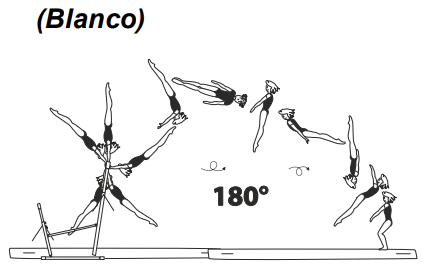 Swing fwd to salto bwd stretched
with Â½ turn (180Â°) â€“ into salto
fwd stretched