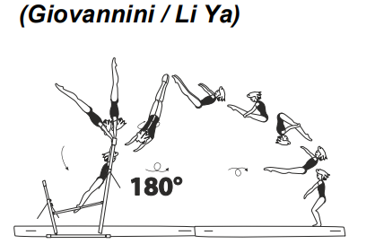 Swing fwd with Â½ turn (180Â°) to
double salto fwd piked
