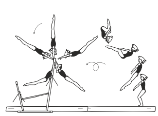 Swing bwd to salto fwd tucked,
piked or stretched or
clear straddle circle fwd on HB to
salto fwd tucked