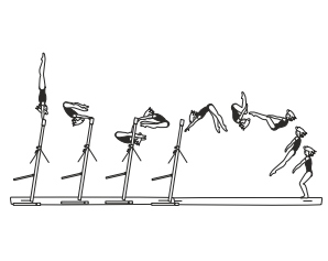 Swing bwd to salto fwd tucked,
piked or stretched or
clear straddle circle fwd on HB to
salto fwd tucked