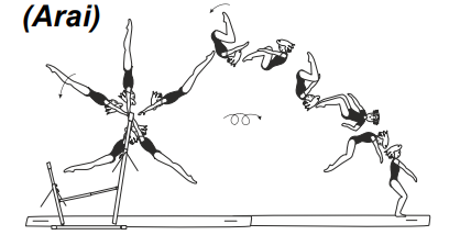 Swing bwd to double salto fwd
tucked with Â½ turn (180Â°)
also salto fwd with Â½ turn (180Â°)
into salto bwd tucked