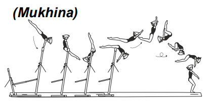 Hip circle bwd (also clear) on LB
or HB â€“ hecht with salto bwd 