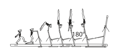 Jump to hstd on LB with hips bent,
then extended, also with Â½ turn
(180Â°) in hstd phase, legs together
or straddle