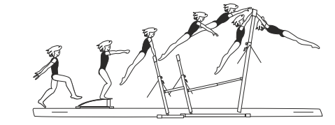 Hecht jump (legs together) with
hand repulsion over LB to hang on
HB