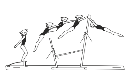 Free stretch jump over LB with legs
together to hang on HB
 (Makh