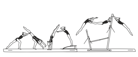 Round-off in front of LB â€“ flight bwd
over LB with legs together or
straddled to hang on HB
