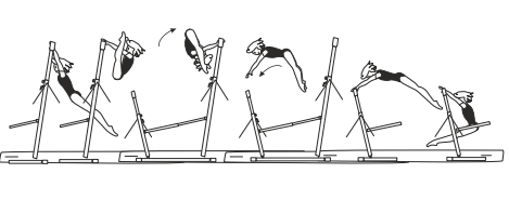 Hang on HB, facing LB â€“ swing fwd
and roll bwd (legs straddled) to
clear support on LB