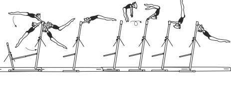 Facing outward on HB -
swing fwd and counter salto fwd
with legs straddled to catch HB in
reverse grip