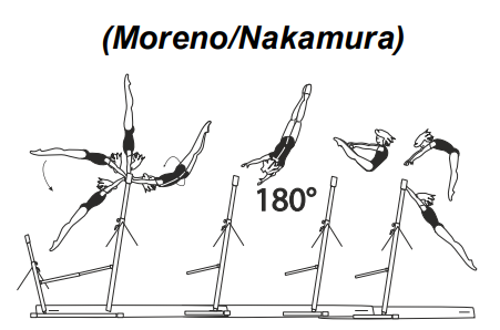 Swing fwd with Â½ turn (180Â°) and
salto fwd straddled (Deltchev
Salto), or piked