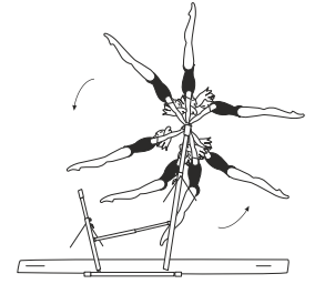 Giant circle fwd in reverse, regular
or mix grip, also with legs straddled
or hips bent in upswing phase;
also with Â½ turn (180Â°) to hstd.