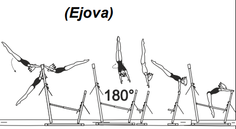 Swing bwd release and Â½ turn
(180Â°) in flight between the bars
to clear support on LB