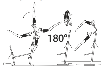 Swing bwd with free stoop or straddle
vault and Â½ turn (180Â°) over HB to
hang (Zhang / Volpi)