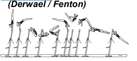 Stalder bwd on HB with counter
straddle reverse hecht over HB
with Â½ (180Â°) turn to hang in
mixed L grip 