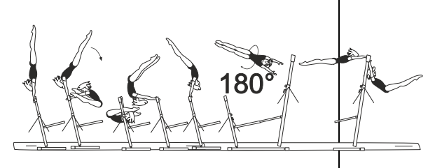 Stalder bwd through hstd with
flight and Â½ turn (180Â°), to hang
on HB