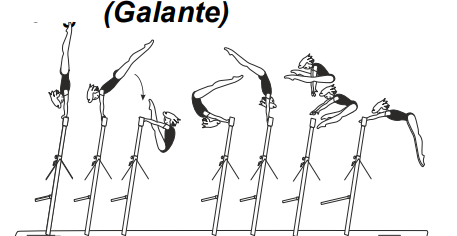 Clear pike circle bwd with
counter straddle (open hip before
flight) â€“ reverse hecht over HB to
hang