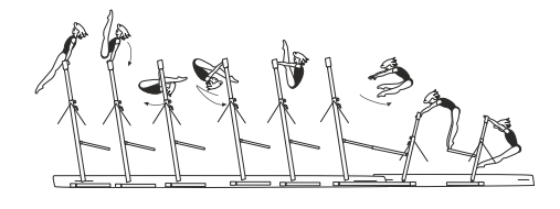 Outer rear support on HB â€“
fall bwd to inverted pike swing
or seat (pike) circle fwd â€“ straddle
cut bwd with flight over LB to hang 

