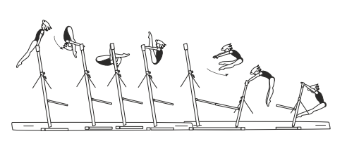 Outer rear support on HB â€“
fall bwd to inverted pike swing
or seat (pike) circle fwd â€“ straddle
cut bwd with flight over LB to hang 
