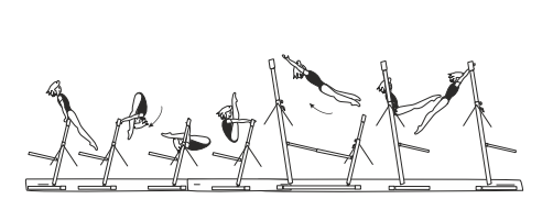 Rear support on LB - seat (pike)
circle fwd with straddle cut bwd and
grip change to hang on HB.
