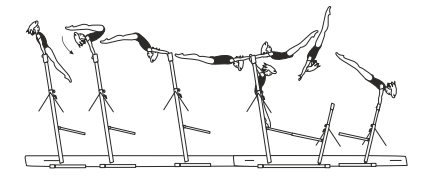 Clear rear pike support on HB
(legs together)
â€“ circle swing bwd and
continue to salto bwd
stretched between bars to
clear support on LB
 (Teza)
circle swing bwd and Â½ turn
(180Â°) with flight to hstd on LB