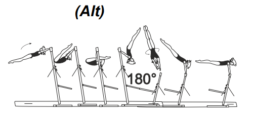 Stoop trough on HB, dislocate and
release with Â½ (180Â°) turn in flight
between the bars to catch LB in
hang