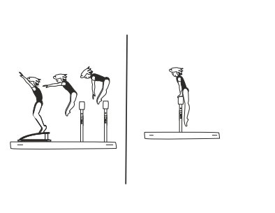 Jump with Â½ turn (180Â°) to clear
straddle support, or jump bwd
through straddle position over the
beam to front support, or to side
split â€“ 90Â° approach to beam
