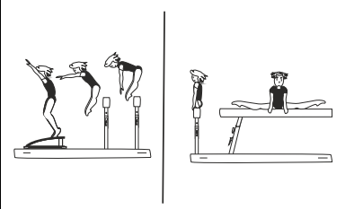 Jump with Â½ turn (180Â°) to clear
straddle support, or jump bwd
through straddle position over the
beam to front support, or to side
split â€“ 90Â° approach to beam