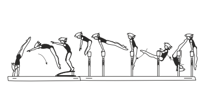 Straddle pike jump bwd over beam
from round-off into immediate hip
circle bwd â€“ 90Â° approach to beam
