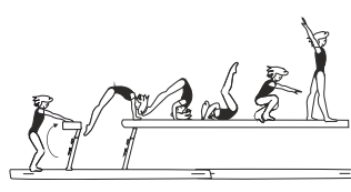 Jump to roll fwd at end or middle of
beam to sit position or tuck stand