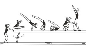 Jump to clear straddle support on
end of beam â€“ swing bwd to roll
fwd to sit position or tuck stand