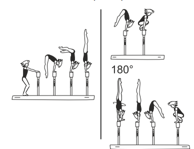 Jump, press, or swing to hstd
(2 sec.) â€“ lower to end position
touching beam,
also with Â½ turn (180Â°) in hstd
