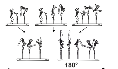 Jump, press, or swing to hstd â€“
lower to clear pike support with
legs together (2 sec.),
also with Â½ turn (180Â°) in hstd