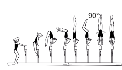Press to side hstd, with bending -
stretching of legs â€“ hop with
Â¼ turn (90Â°) to cross hstd - lower
to optional end position