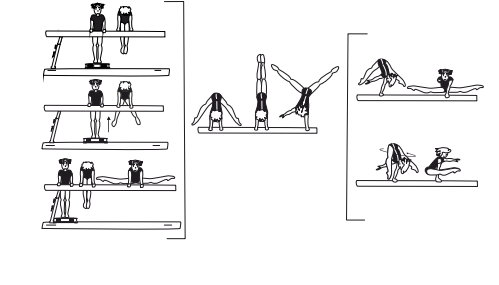 Jump or press on one arm to hstd lower to optional end position,
also jump, press, or swing to hstd â€“ shift weight to side hstd on one
arm (2 sec.), lowering to clear straddle support on one arm,
also with Â¼ turn (90Â°)