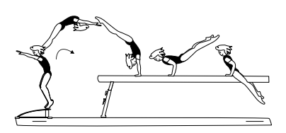 Round-off at end of beam â€“ flic-flac
through hstd with swing down to
cross straddle sit