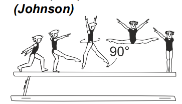 Leap fwd with leg change and
Â¼ turn (90Â°) to side split (180Â°) or
straddle pike position
