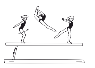 Sissone to ring position (rear foot
at head height, body arched and
head dropped bwd, leg separation
180Â°) to land on one foot, or stagring jump
