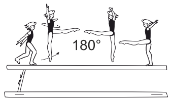Hop with Â½ turn (180Â°) free leg
extended at horizontal throughout