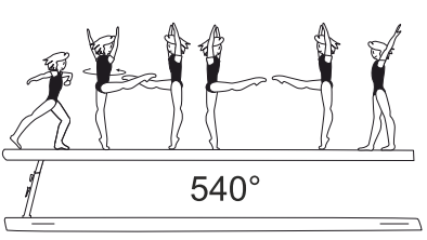 1Â½ turn (540Â°) with heel of
extended free leg fwd at horizontal
throughout turn (support leg may
be straight or bent)