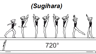 2/1 turn (720Â°) with free leg held
upward in 180Â° split position
throughout turn