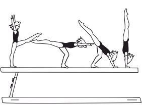 Kick to side or cross hstd (2 sec.),
lower to end position touching
beam